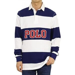 90’s Ralph Lauren Men's Blue and White Rugby Shirt size M
